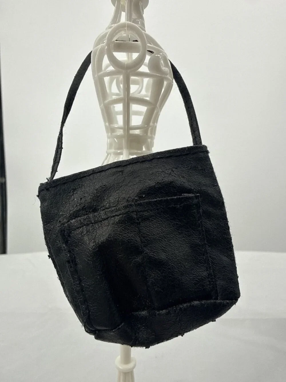 Miniature Black Faux Leather Doll Tote Bag Utility Pocket Y2K Grunge Core